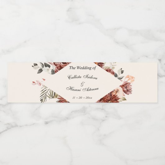 Boho Burgundy Dahlias | Linen Wedding Waterfles Etiket (Enkel label)