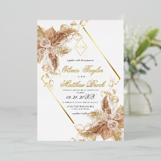 Boho Burgundy Diamond Gold White Wedding Foil Folie Uitnodiging (Staand Voorkant)