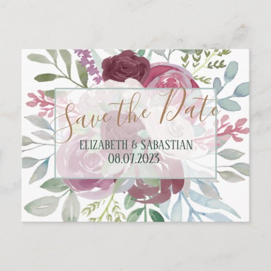 Boho Burgundy & Dusty Blue Floral Save the Date Aankondigingskaart (Voorkant)