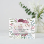 Boho Burgundy & Dusty Blue Floral Save the Date Aankondigingskaart (Staand voorkant)