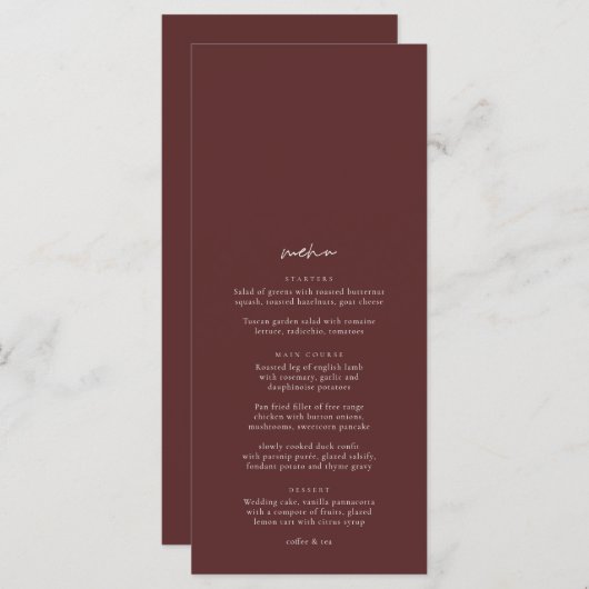 Boho Burgundy Elegant Minimalist Wedding Menu (Voorkant / Achterkant)