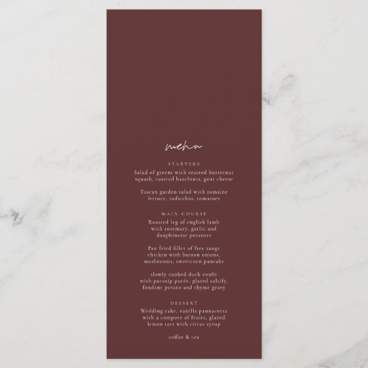 Boho Burgundy Elegant Minimalist Wedding Menu (Voorkant)