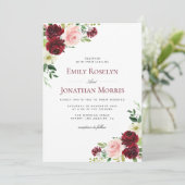 boho burgundy en blush floral bruiloft uitnodiging (Staand voorkant)