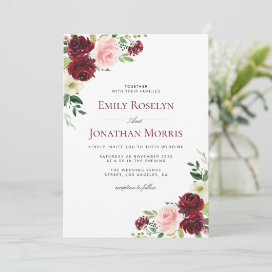 boho burgundy en blush floral bruiloft uitnodiging (Staand voorkant)
