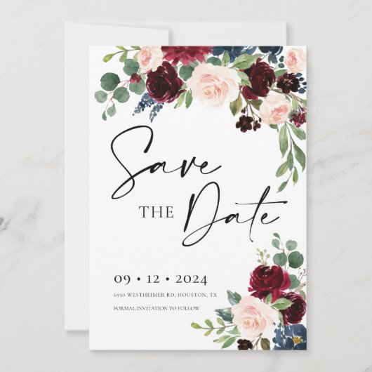 Boho Burgundy en Blush Save the Date Invitation Kaart (Voorkant)