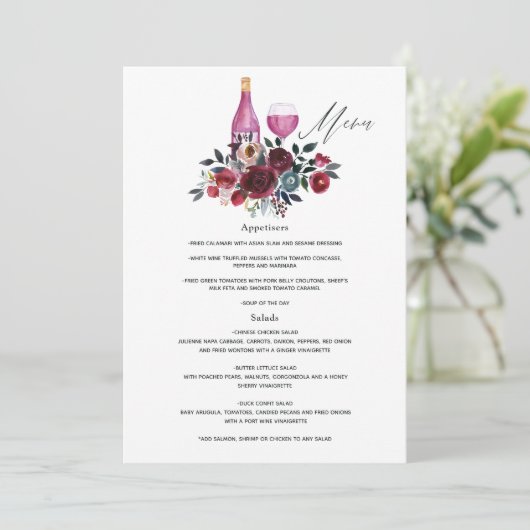 Boho Burgundy en Navy Vrijgezellenfeest Wine Tasti Menu (Staand voorkant)