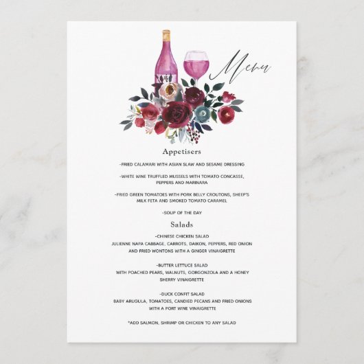 Boho Burgundy en Navy Vrijgezellenfeest Wine Tasti Menu (Voorkant)