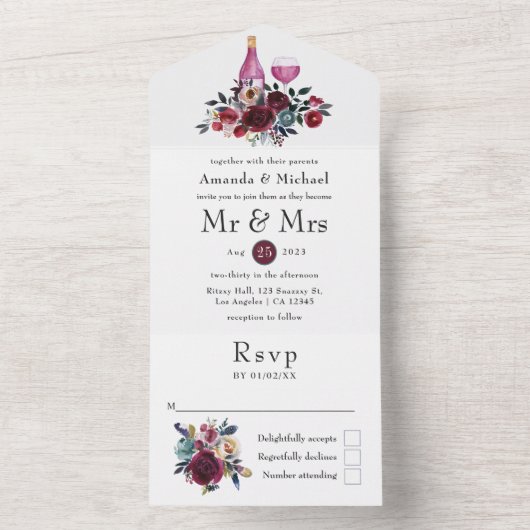 Boho Burgundy en Navy Wine Tasting Weddenschap All In One Uitnodiging (Binnen)