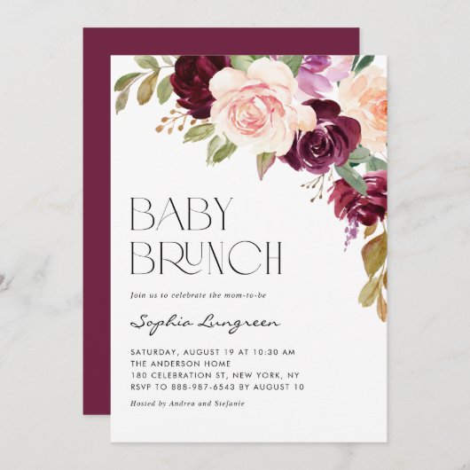 Boho Burgundy en Peach Flowers Herfst Baby Brunch Kaart (Voorkant / Achterkant)