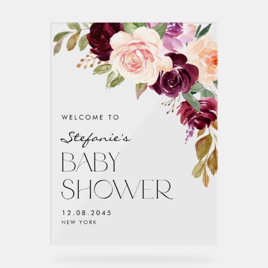 Boho Burgundy en Peach Flowers Herfst Baby shower Acryl Bord (Voorkant)