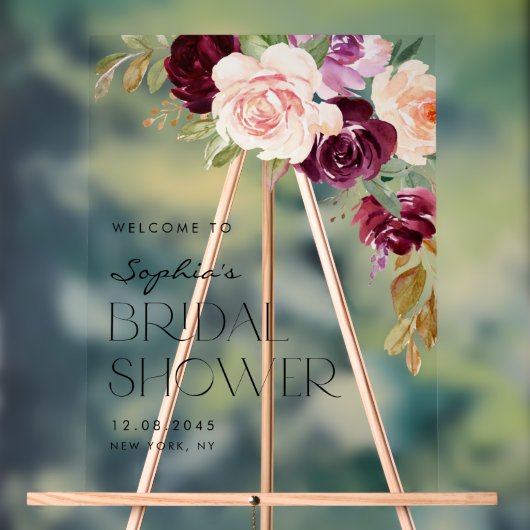 Boho Burgundy en Perzik Bloemen Herfst Bruidsdouch Acryl Bord (Neutraal)