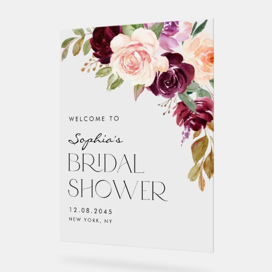 Boho Burgundy en Perzikbloemen Bruiloft Bruidsmeis Acryl Bord (Hoek)