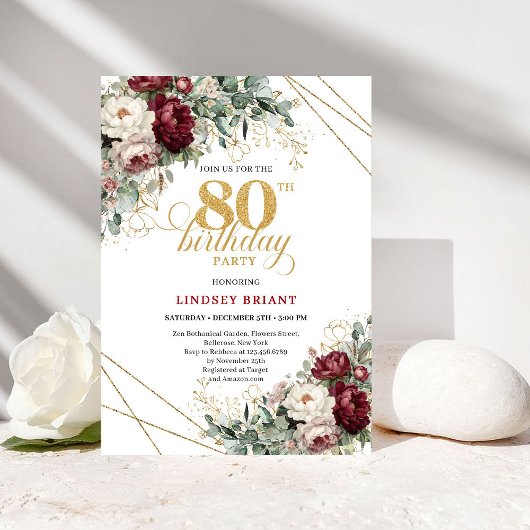 Boho Burgundy Eucalyptus Floral 80th Birthday Kaart