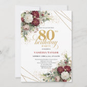 Boho Burgundy Floral 80th Birthday Invitation Kaart (Voorkant)