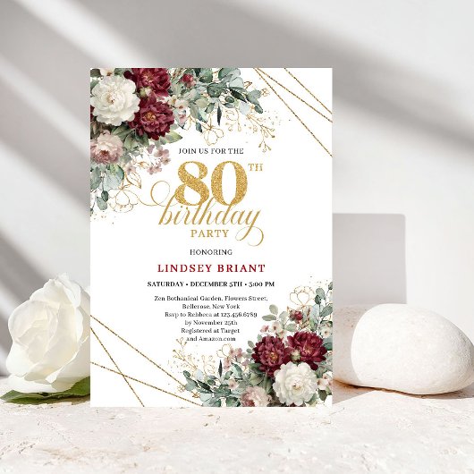 Boho Burgundy Floral 80th Birthday Invitation Kaart