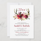 Boho Burgundy Floral Antlers afstuderen-uitnodigin Kaart (Voorkant)