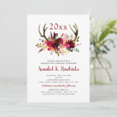 Boho Burgundy Floral Antlers afstuderen-uitnodigin Kaart (Staand voorkant)