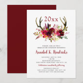 Boho Burgundy Floral Antlers afstuderen-uitnodigin Kaart (Voorkant / Achterkant)
