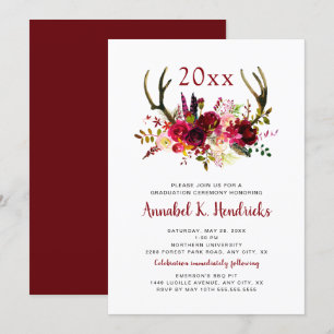 Boho Burgundy Floral Antlers afstuderen-uitnodigin Kaart