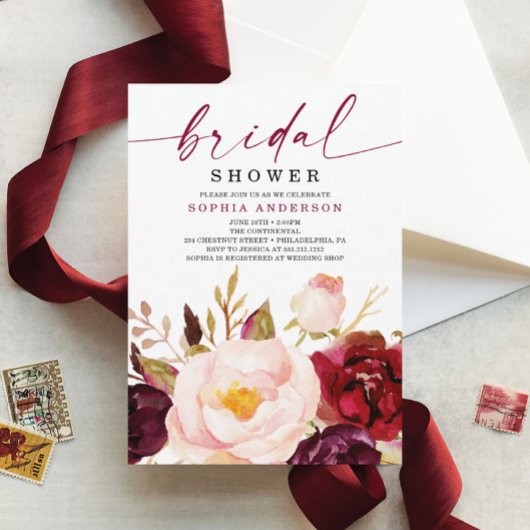 Boho Burgundy Floral Bridal Shower Kaart