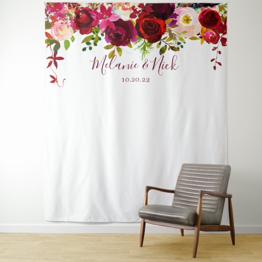 Boho Burgundy Floral bruiloft foto achtergrond Wandkleed (In situ)