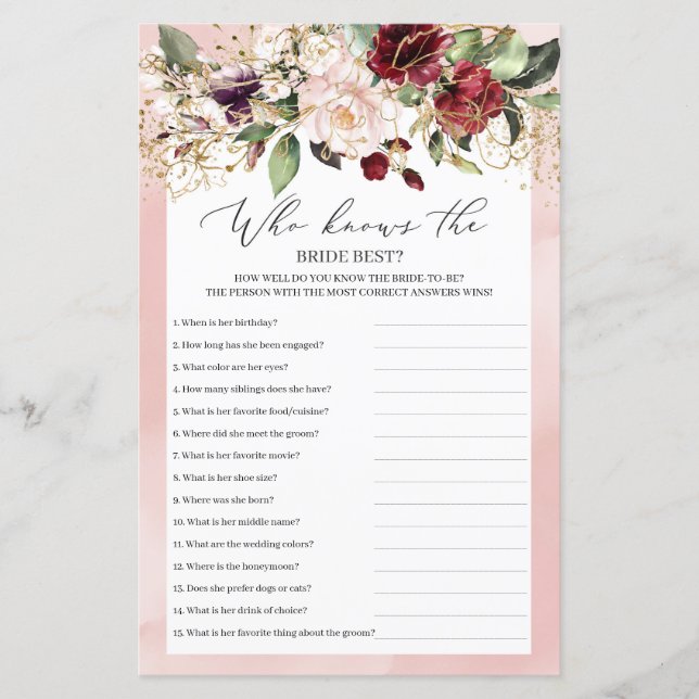 Boho Burgundy Floral die Bride Best Game kent (Voorkant)