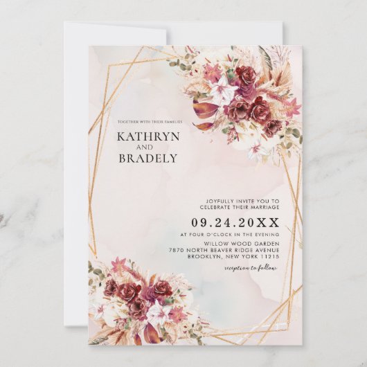 Boho Burgundy Floral Geometric Wedding  Kaart (Voorkant)