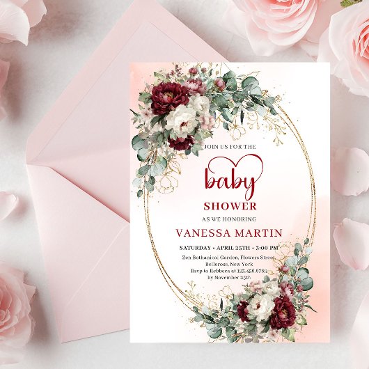 Boho Burgundy Floral Gold Baby Shower Invitation Kaart