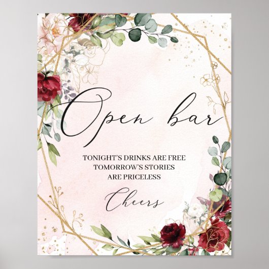 Boho burgundy floral gold bruiloft open bar bord poster (Voorkant)