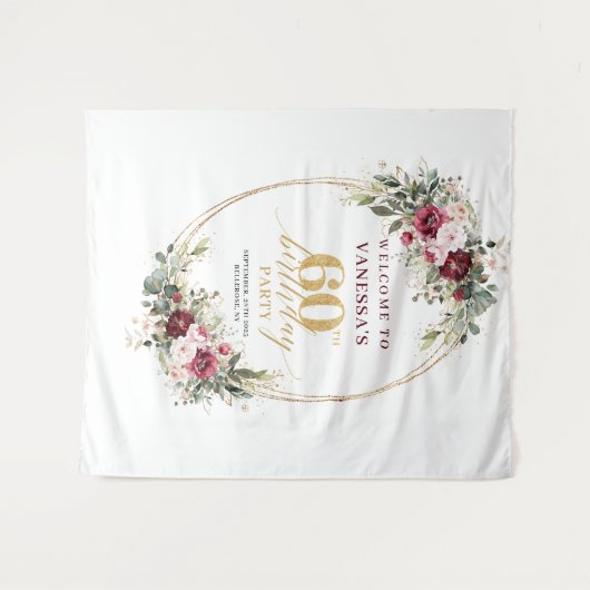 Boho Burgundy Floral Gold Frame 60th Birthday  Wandkleed (Voorkant (horizontaal))