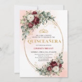 Boho Burgundy Floral Gold Quinceañera Invitation Kaart (Voorkant)