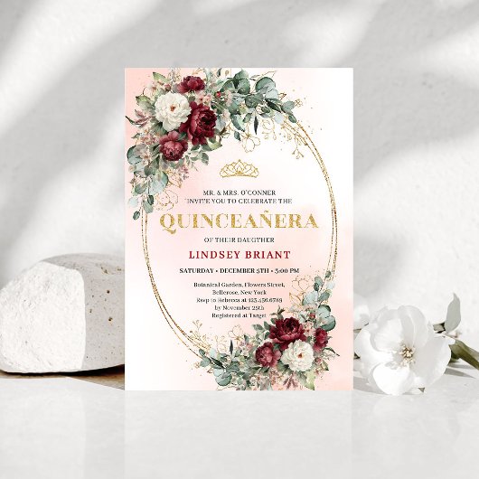 Boho Burgundy Floral Gold Quinceañera Invitation Kaart