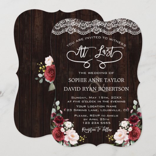 Boho Burgundy Floral Lace Handwriting Wedding Kaart (Voorkant / Achterkant)
