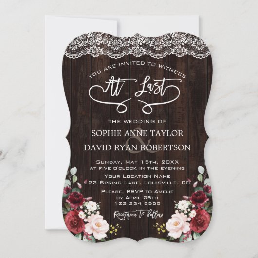 Boho Burgundy Floral Lace Handwriting Wedding Kaart (Voorkant)