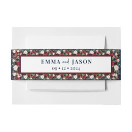 Boho Burgundy Floral Navy Belly Band Uitnodigingen Wikkel