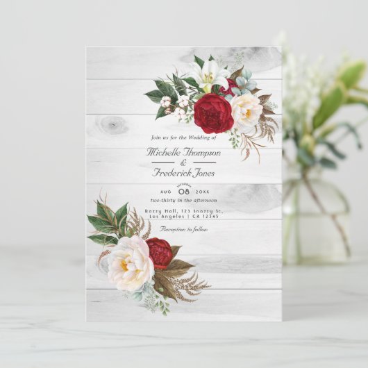 Boho Burgundy Floral QR Code RSVP Bohemian Wedding Kaart (Staand voorkant)