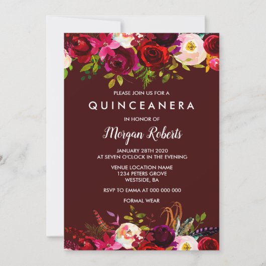 Boho Burgundy Floral Quinceanera 15e verjaardag Kaart (Voorkant)