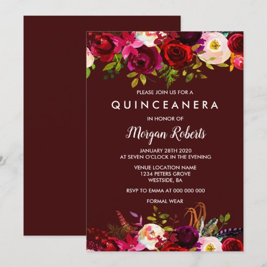 Boho Burgundy Floral Quinceanera 15e verjaardag Kaart (Voorkant / Achterkant)
