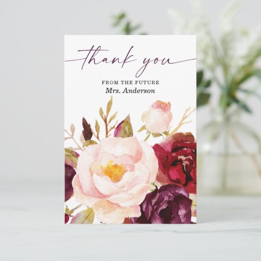 Boho Burgundy Floral Vrijgezellenfeest Dank je wel Bedankkaart (Staand voorkant)