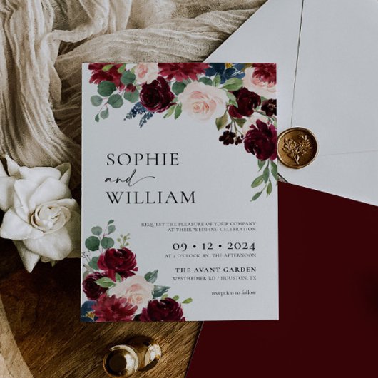 Boho Burgundy Floral Wedding Invitation Kaart