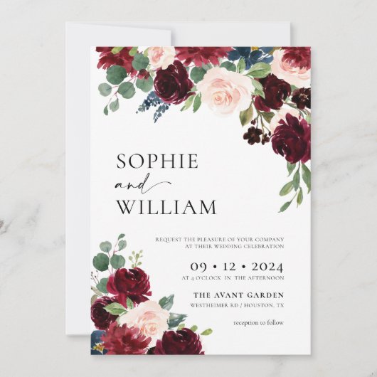 Boho Burgundy Floral Wedding Invitation Kaart (Voorkant)