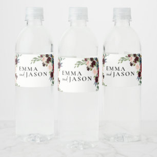 Boho Burgundy Floral Wedding Water Fles Label Waterfles Etiket