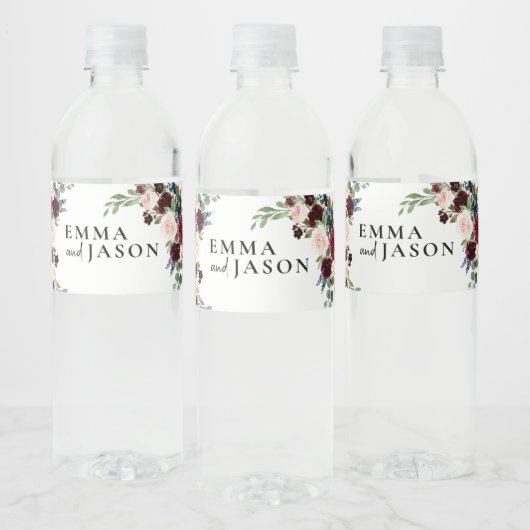 Boho Burgundy Floral Wedding Water Fles Label Waterfles Etiket (Flessen)