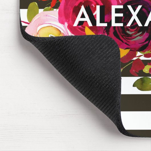 Boho Burgundy Floral | Zwarte en witte strepen Muismat (Hoek)