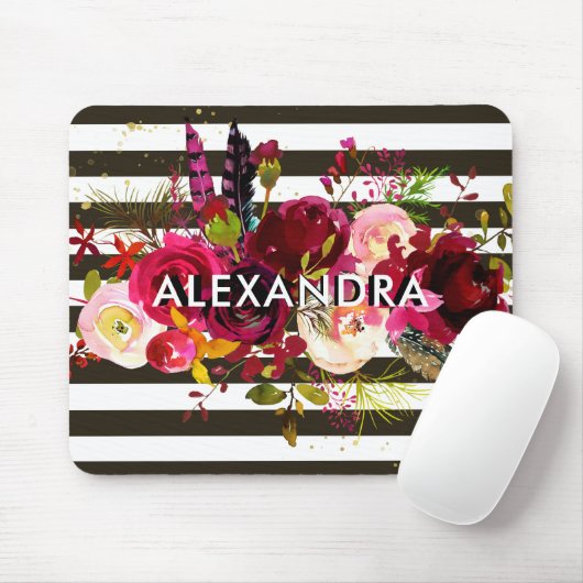 Boho Burgundy Floral | Zwarte en witte strepen Muismat (Met muis)