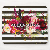 Boho Burgundy Floral | Zwarte en witte strepen Muismat (Voorkant)