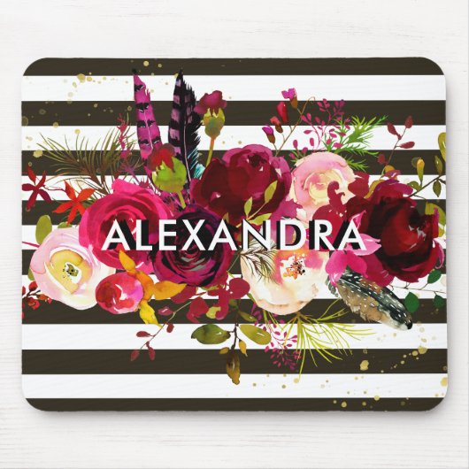 Boho Burgundy Floral | Zwarte en witte strepen Muismat (Voorkant)