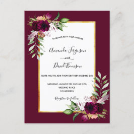 Boho burgundy floreert gouden trouwuitnodiging briefkaart