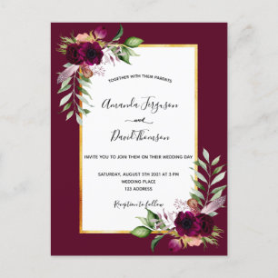 Boho burgundy floreert gouden trouwuitnodiging briefkaart