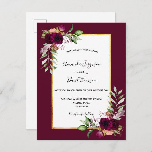 Boho burgundy floreert gouden trouwuitnodiging briefkaart (Voorkant / Achterkant)